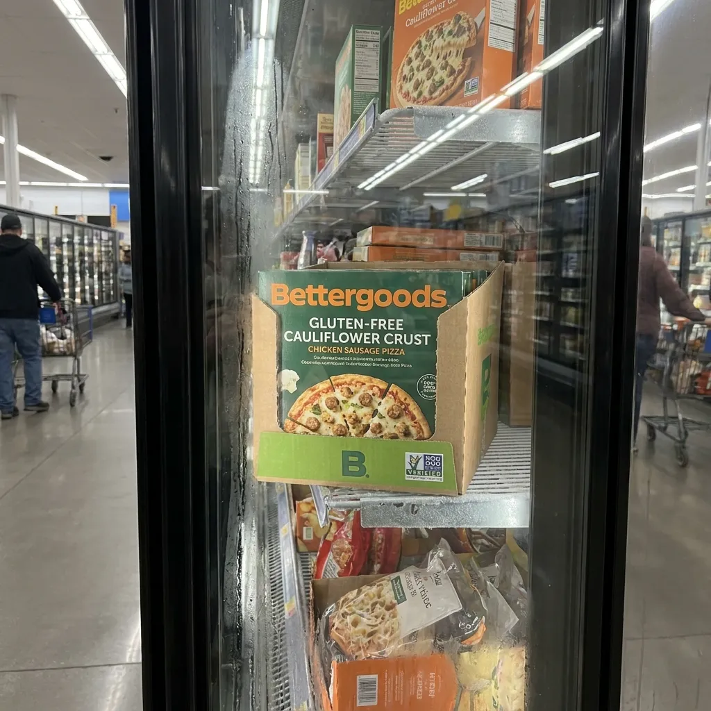 A Bettergoods gluten-free cauliflower crust chicken sausage pizza box in the freezer aisle