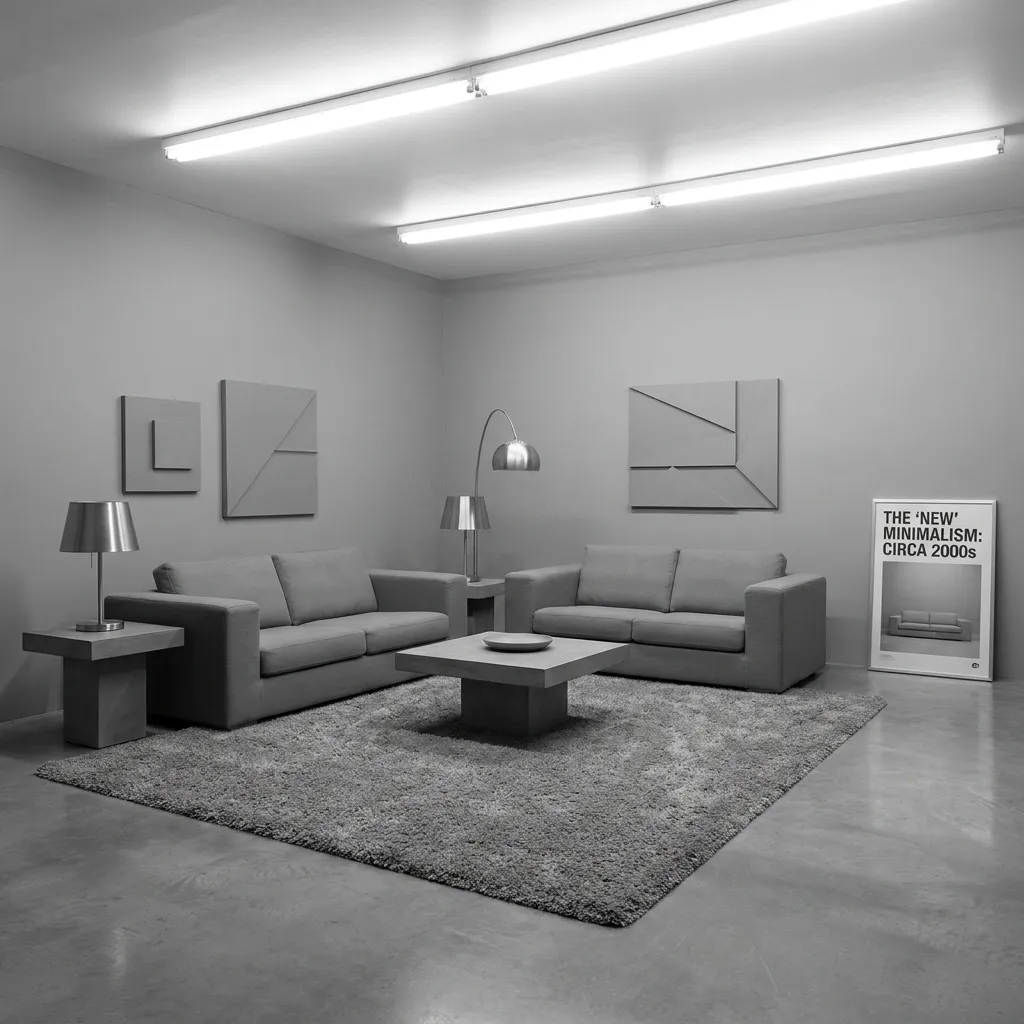 Monochromatic gray living room featuring a stark minimalist design, two gray sofas on a textured gray area rug, metallic accents, and geometric wall art