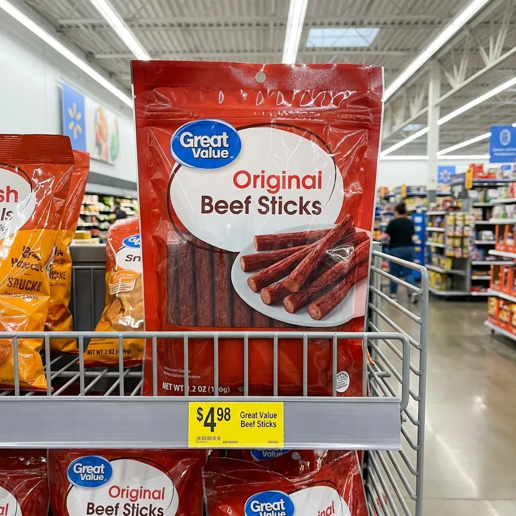 A bag of Great Value Original Beef Sticks on a Walmart shelf
