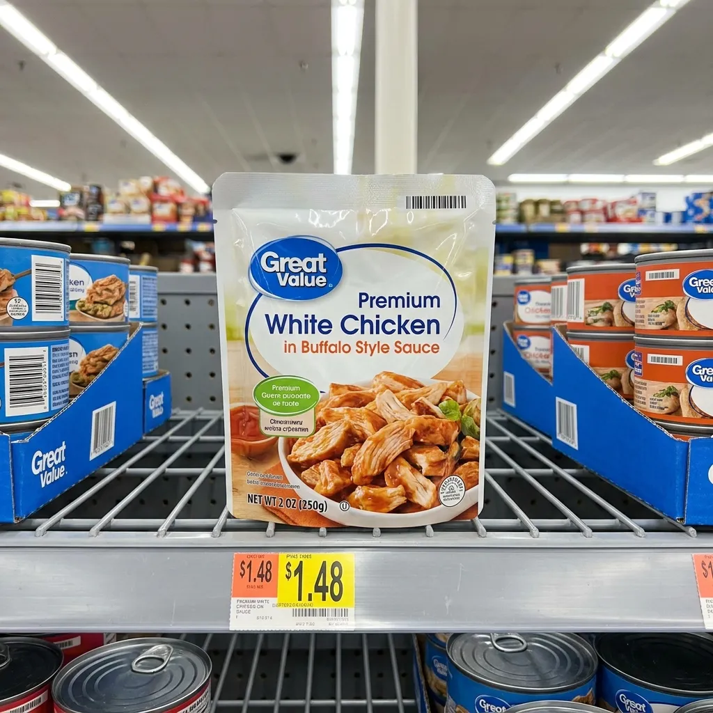 A package of Great Value Premium White Chicken in Buffalo Style Sauce on a shelf