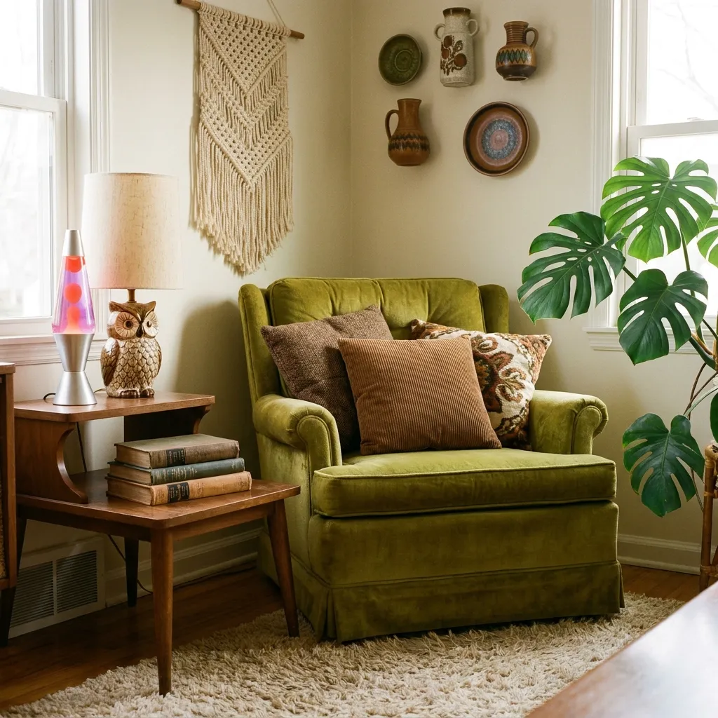 Living room corner featuring an avocado green velvet chair paired with earthy brown pillows and retro decor