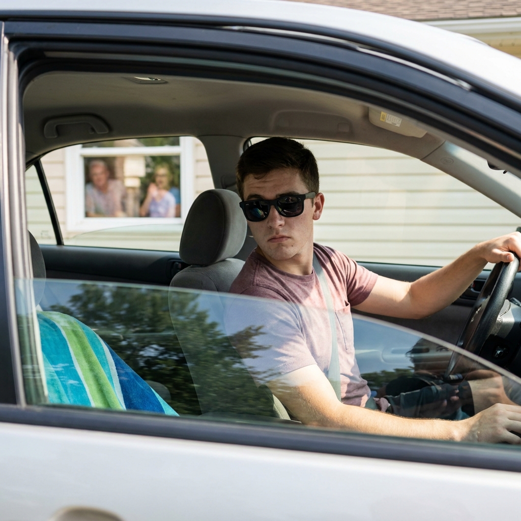 Young male driver looking back through his car window in concern at a woman and man embracing outside a house.