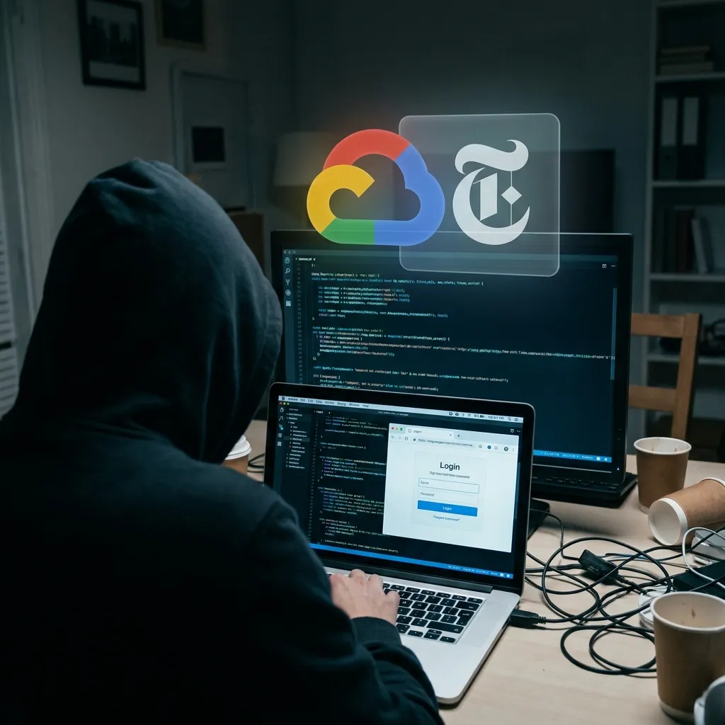 Hacker sitting at a dark desk using a laptop with Google Cloud and New York Times logos floating in the background, representing a Google Cloud phishing scam