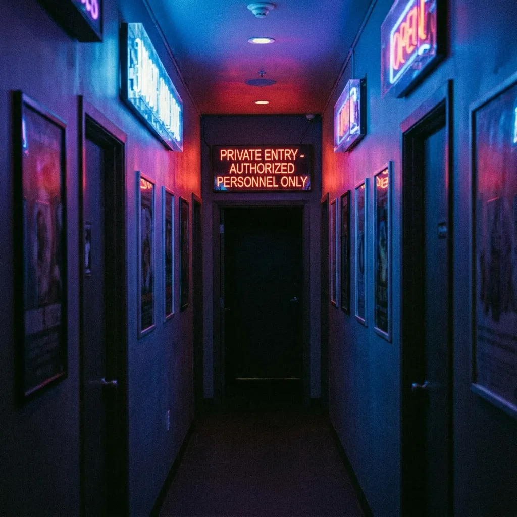 A neon illuminated hallway representing the mysterious nature of shocking sex worker secrets in the adult industry.