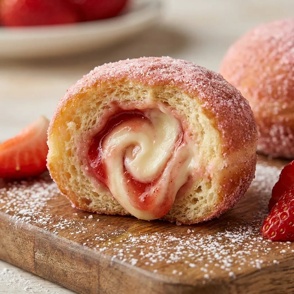 Macro shot of a halved Taco Bell strawberry Cinnabon Delight pastry coated in pink sugar, revealing a swirled strawberry and cream cheese center, resting on a wooden board dusted with powdered sugar
