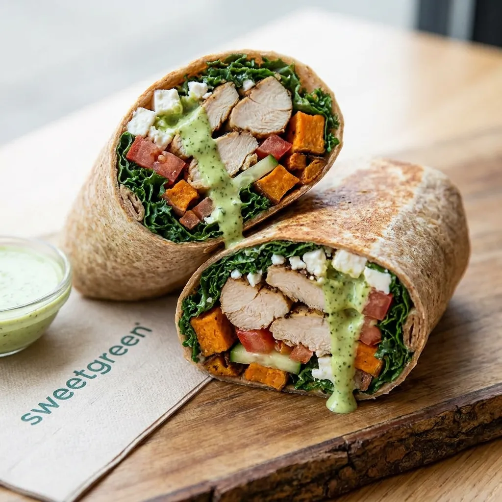 Close up of a halved Sweetgreen chicken wrap showing fresh ingredients and dressing inside.