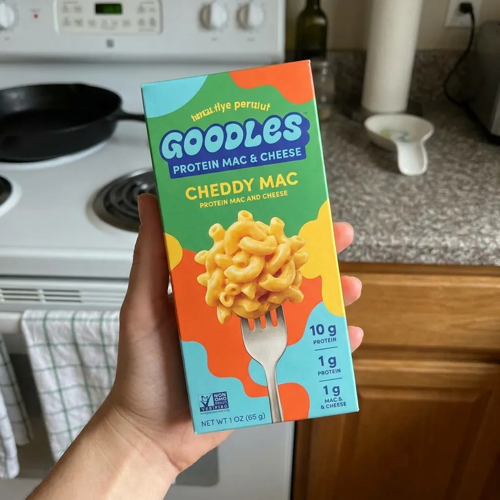 A hand holding a box of Goodles protein mac and cheese