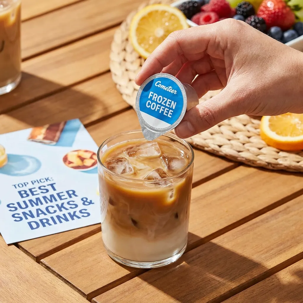 A hand holding a Cometeer frozen coffee capsule next to a glass of iced coffee, a top pick for the best summer snacks and drinks