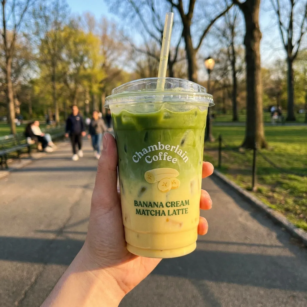 A hand holding an iced Banana Cream Matcha Latte from Chamberlain Coffee, one of the best summer snacks and drinks for a warm afternoon stroll