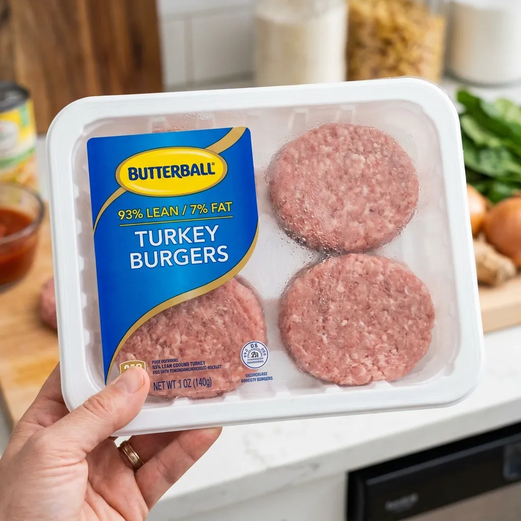 A hand holding a package of Butterball 93% lean turkey burgers