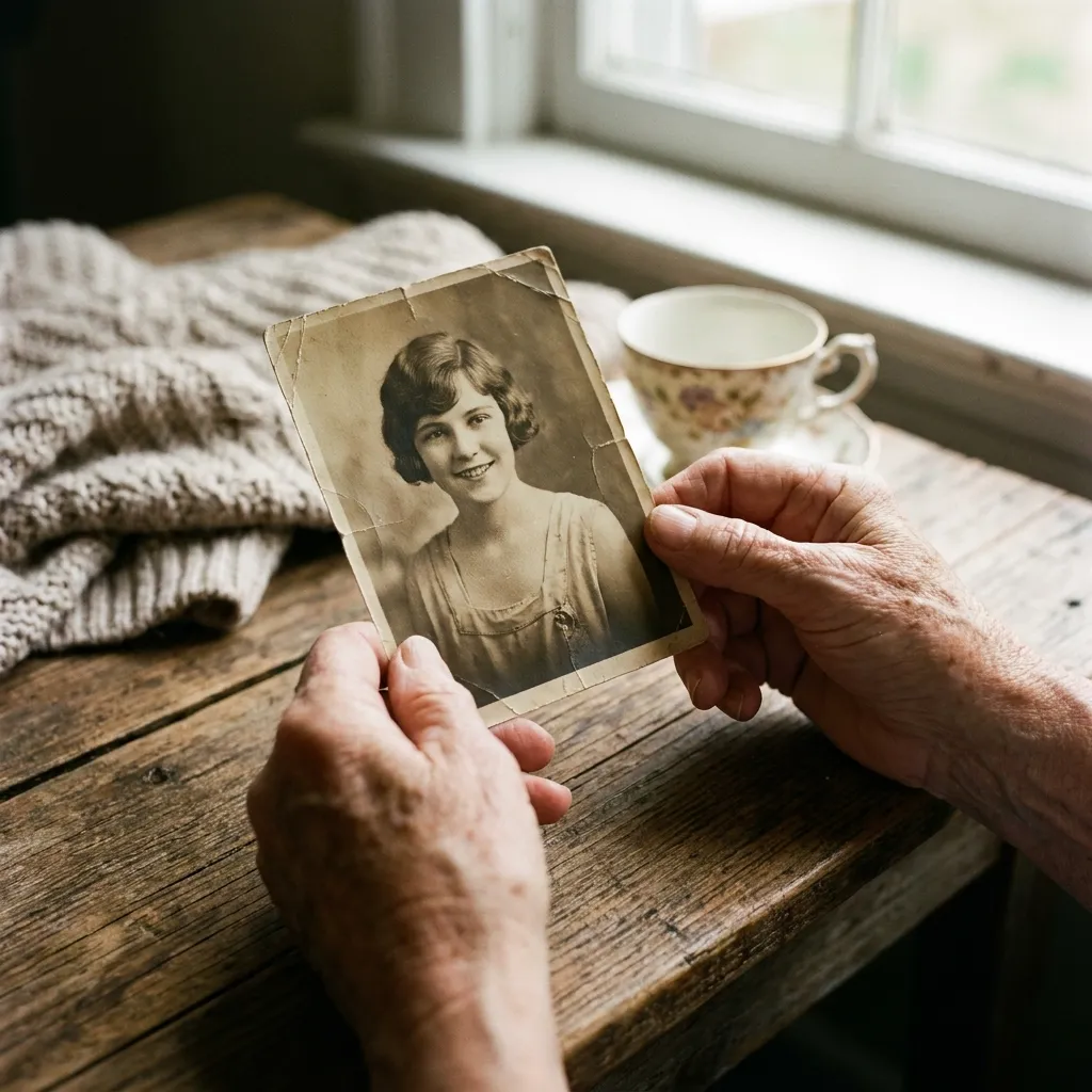 A pair of hands gently holding an old, faded black-and-white photograph of a young woman.