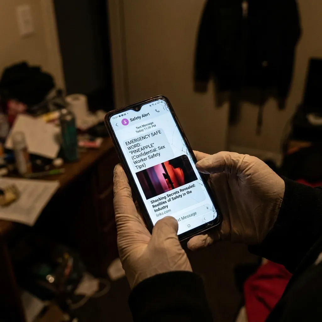 Hands holding a smartphone showing an emergency safe word text illustrating shocking sex worker secrets regarding safety.