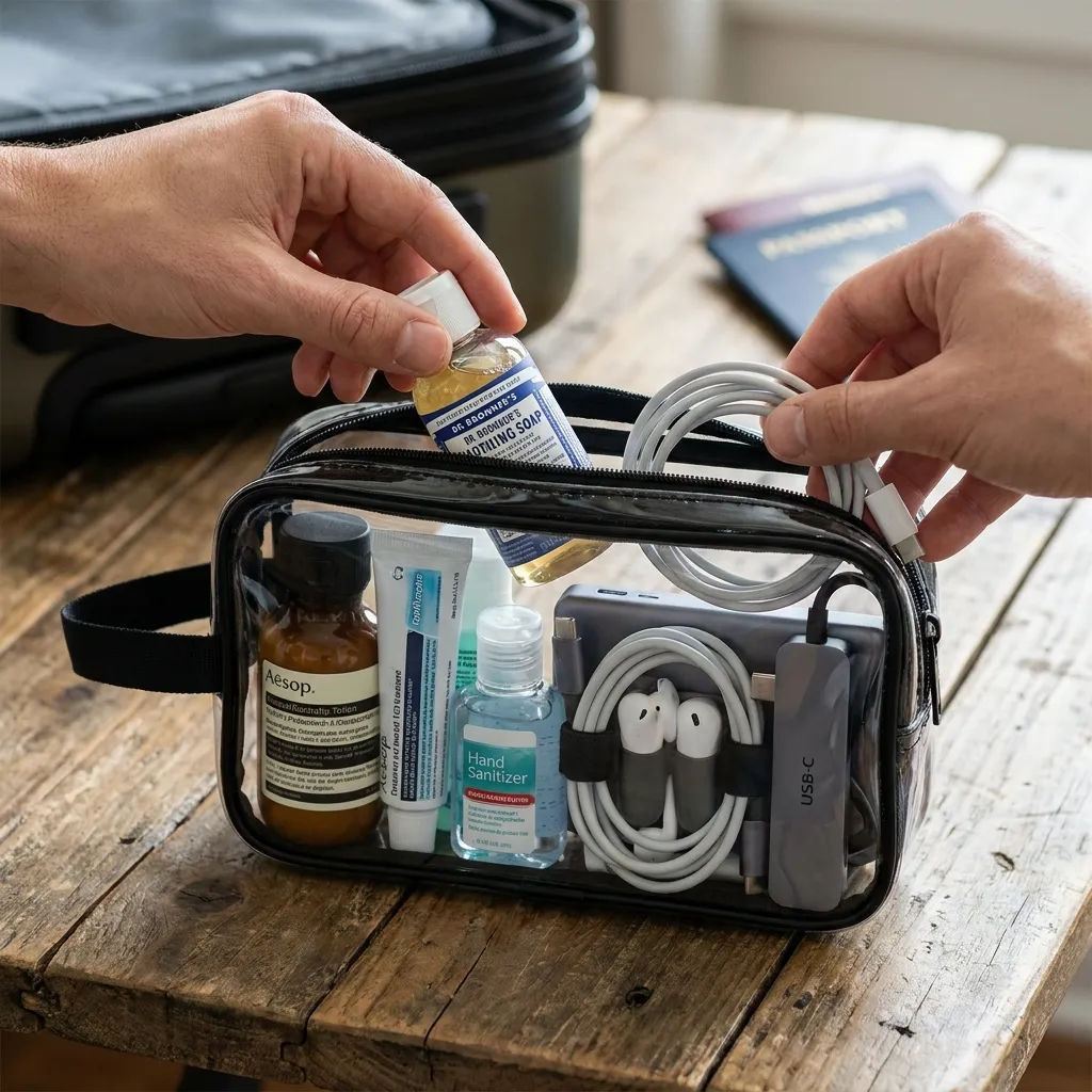 Detail shot of hands organizing electronics and travel-sized liquids inside a TSA-approved clear travel pouch.