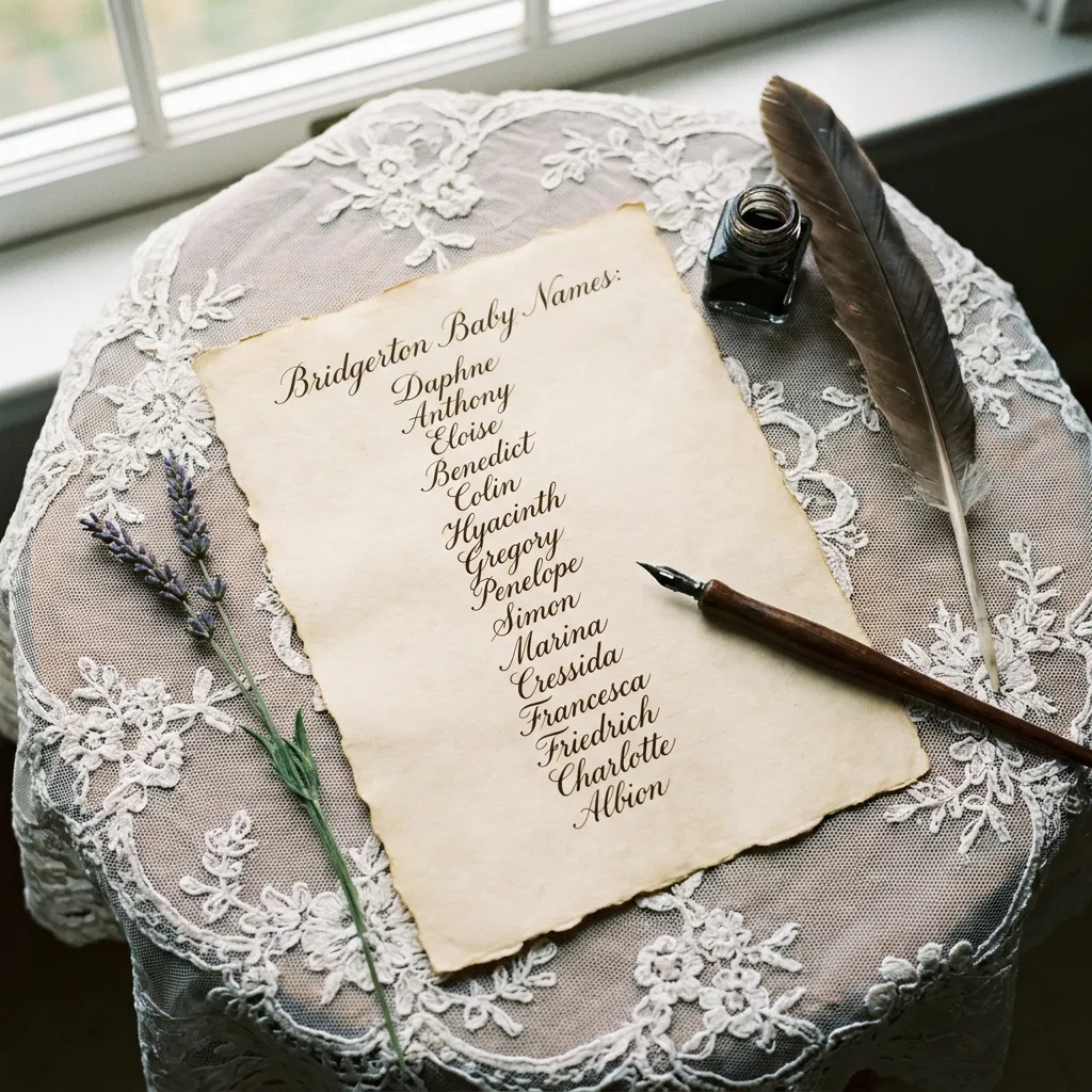 A beautifully handwritten list of Bridgerton-inspired baby names resting on a delicate lace tablecloth.