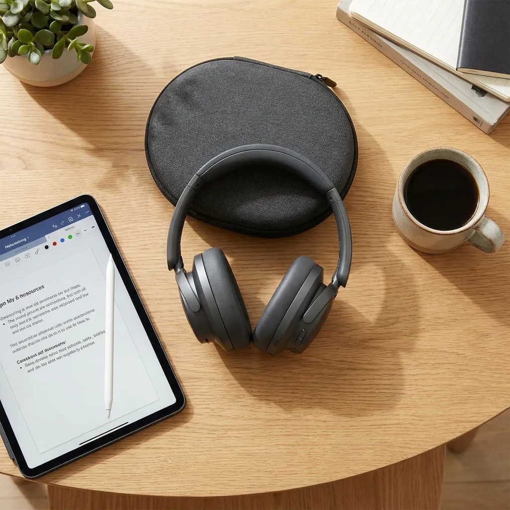 1More Sonoflow Pro HQ51 budget ANC headphones shown in a lifestyle flat-lay with a tablet, stylus, and a cup of black coffee