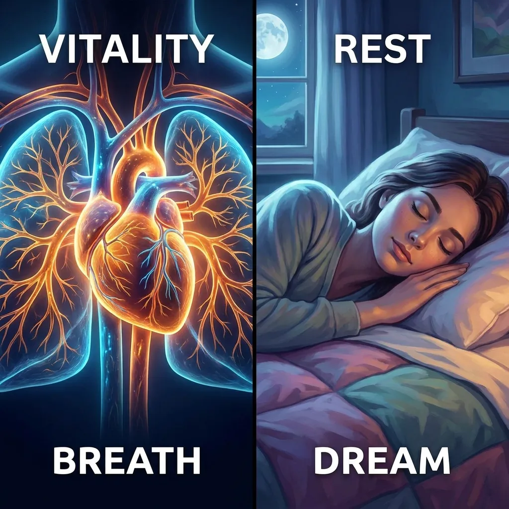Split digital illustration contrasting glowing anatomy of a human heart and lungs representing vitality, next to a woman resting in bed representing dreams.