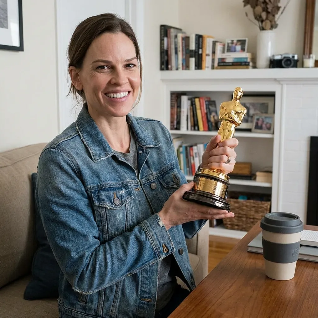 Hilary Swank holding her Academy Award, remaining one of the most frugal celebrities in Hollywood.
