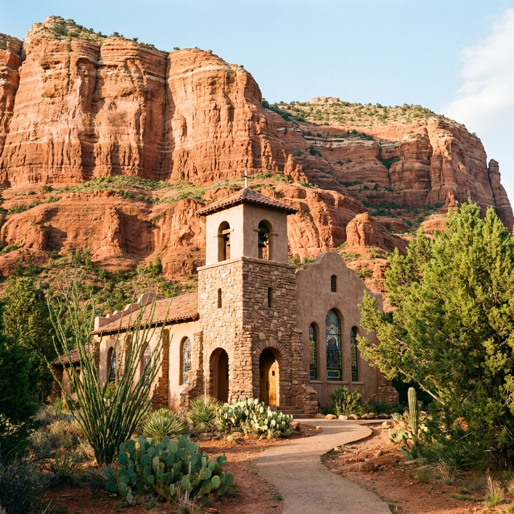 Stunning historic mission style chapel nestled among the famous red rocks of Sedona Arizona