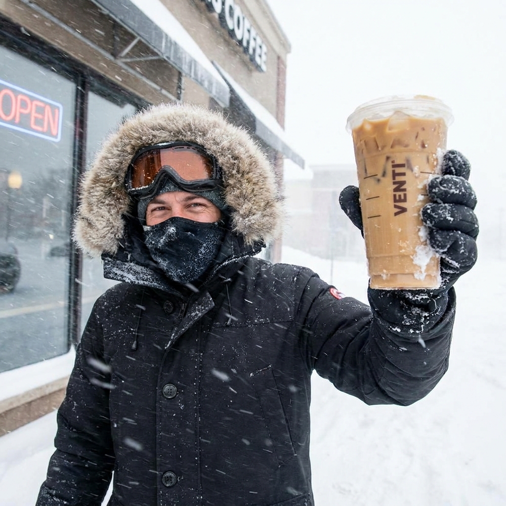 Man wearing a winter parka, face covering, and ski goggles triumphantly holding up a large Venti iced latte during a heavy snowstorm.