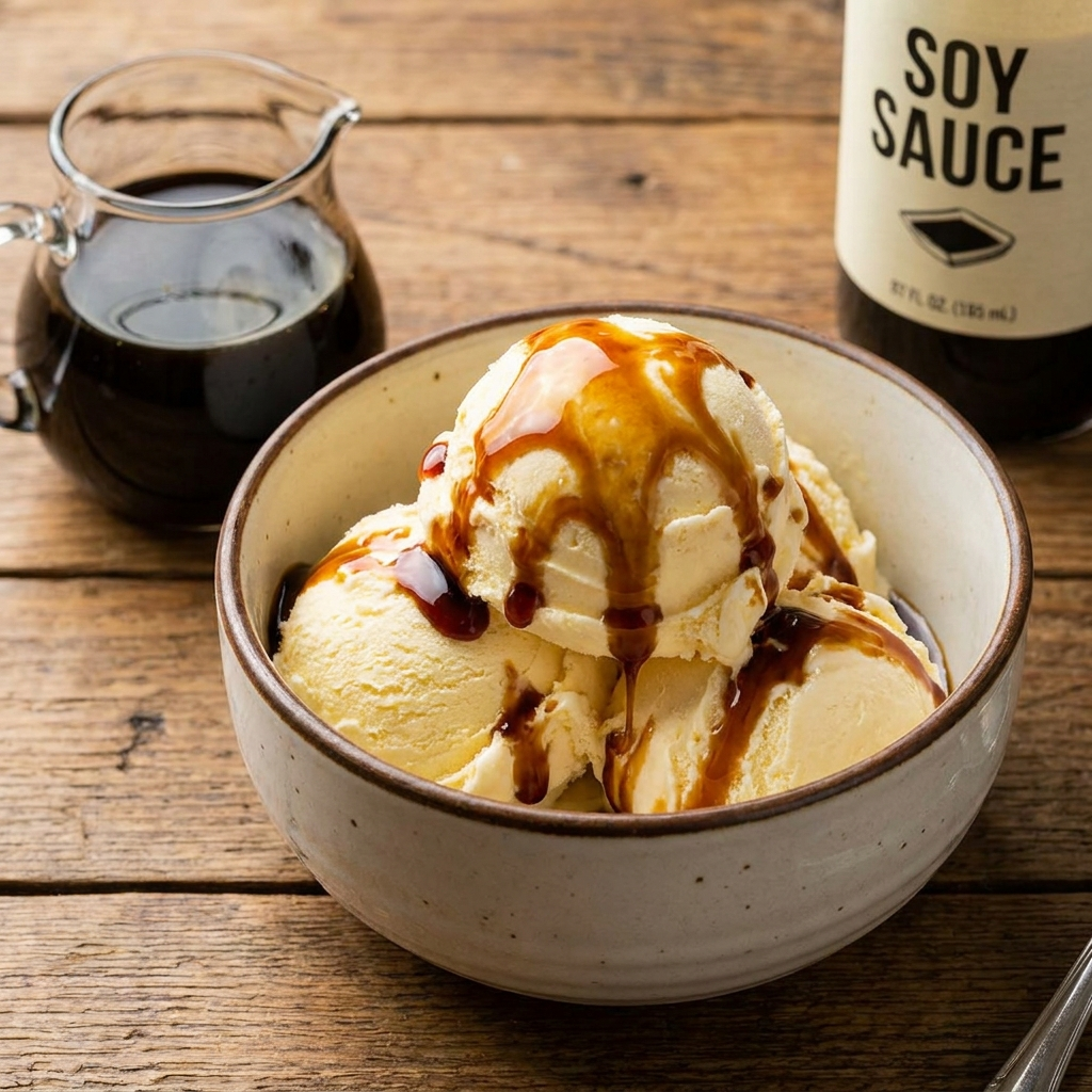 Three scoops of vanilla ice cream in a ceramic bowl topped with a dark soy sauce drizzle on a rustic wooden table, highlighting a unique sweet and savory dessert combination, with a bottle of soy sauce in the background.