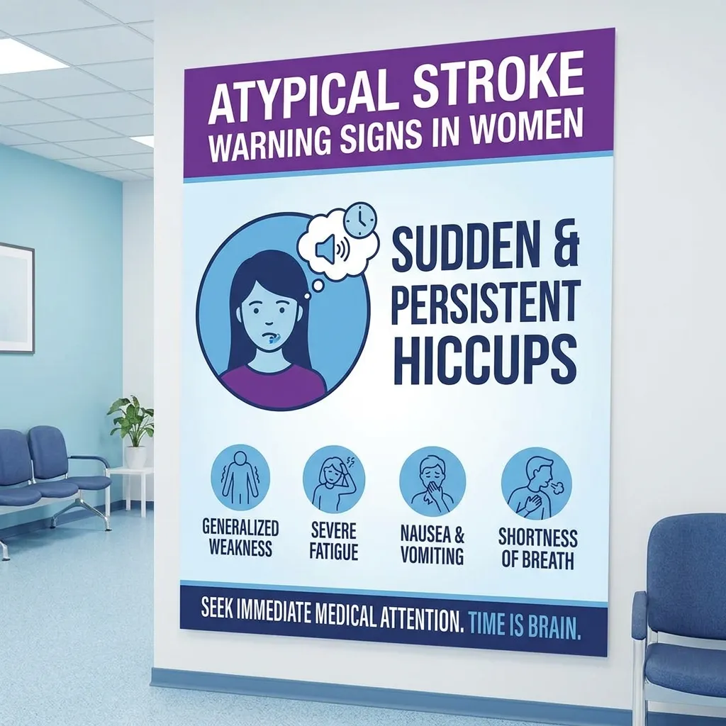 Medical infographic poster in hospital hallway detailing atypical stroke warning signs in women, highlighting sudden persistent hiccups, severe fatigue, and nausea