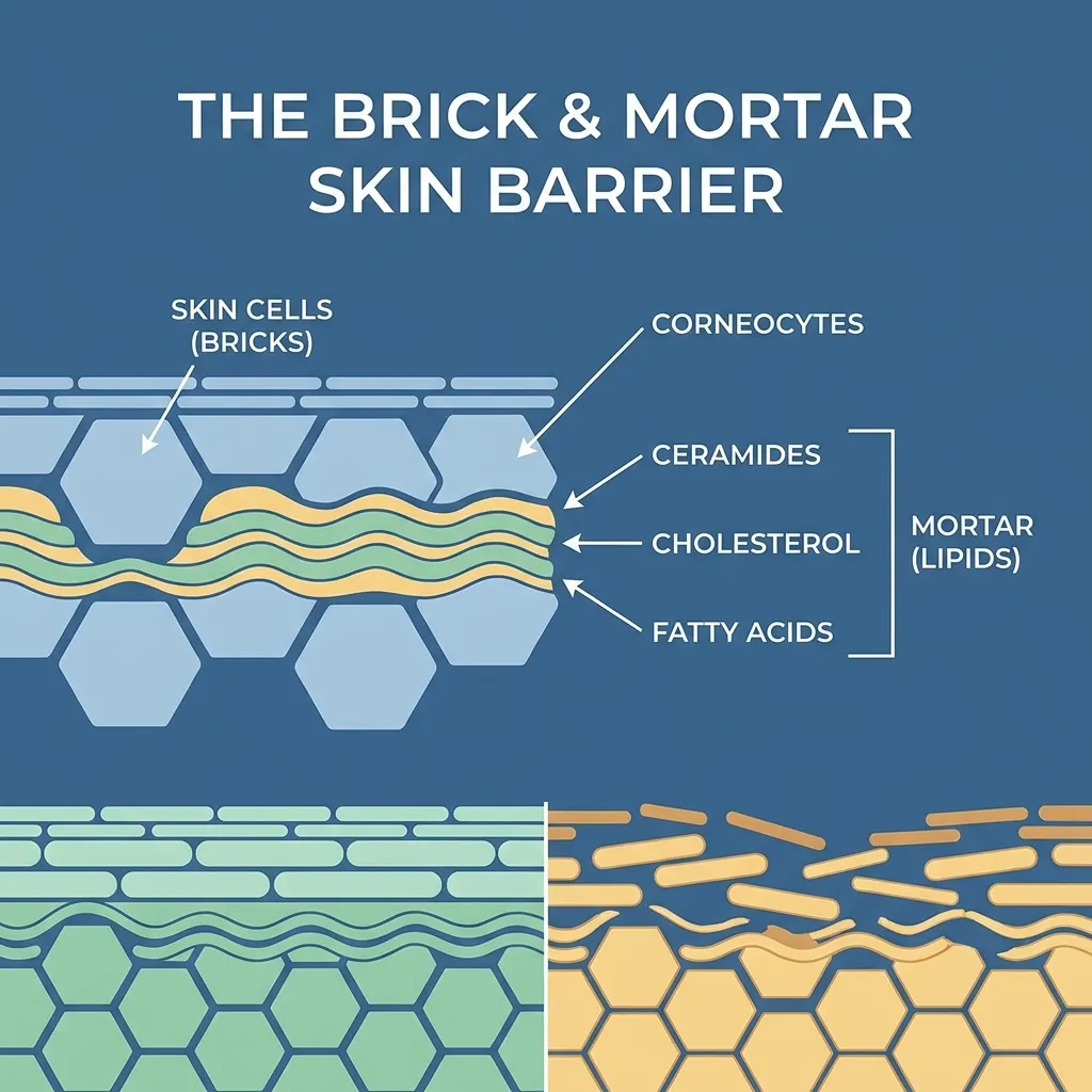 A clean, modern infographic illustrating the "brick and mortar" skin barrier concept, labeling skin cells as bricks and highlighting ceramides, cholesterol, and fatty acids as the mortar.