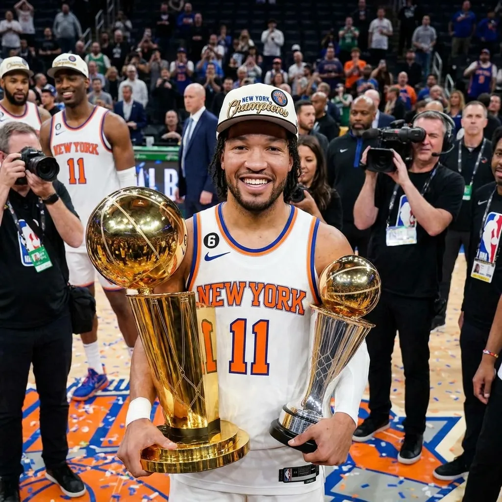 Jalen Brunson smiling brightly while holding the NBA Championship trophy and Finals MVP award in his Knicks uniform.]