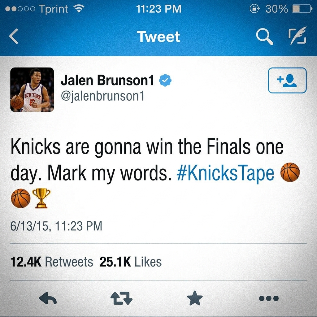 A clear screenshot of Jalen Brunson's old 2015 Twitter post saying "One win away."