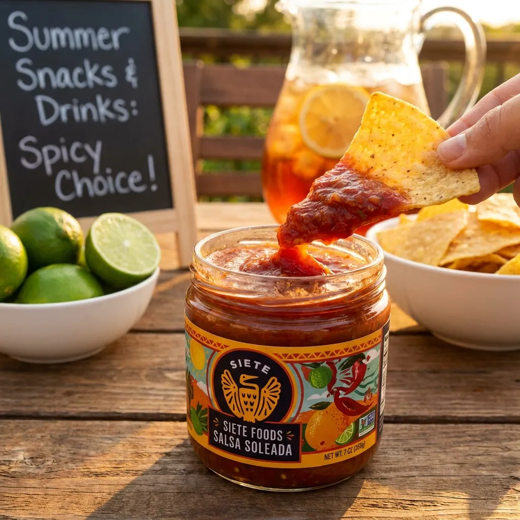A jar of Siete Foods Salsa Soleada being scooped by a tortilla chip, highlighting a spicy choice among the best summer snacks and drinks