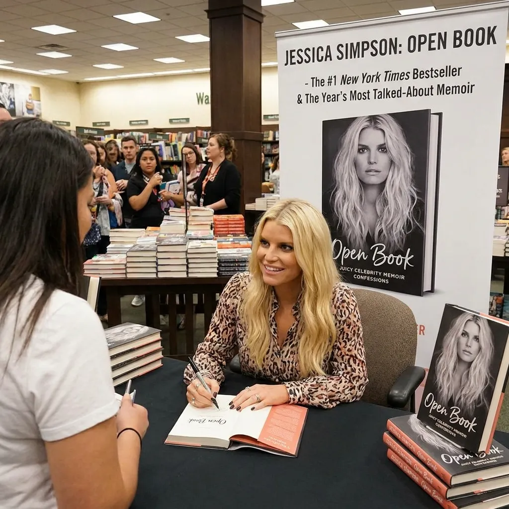 Jessica Simpson smiling while signing copies of her bestselling memoir Open Book for fans at a bookstore promotional event