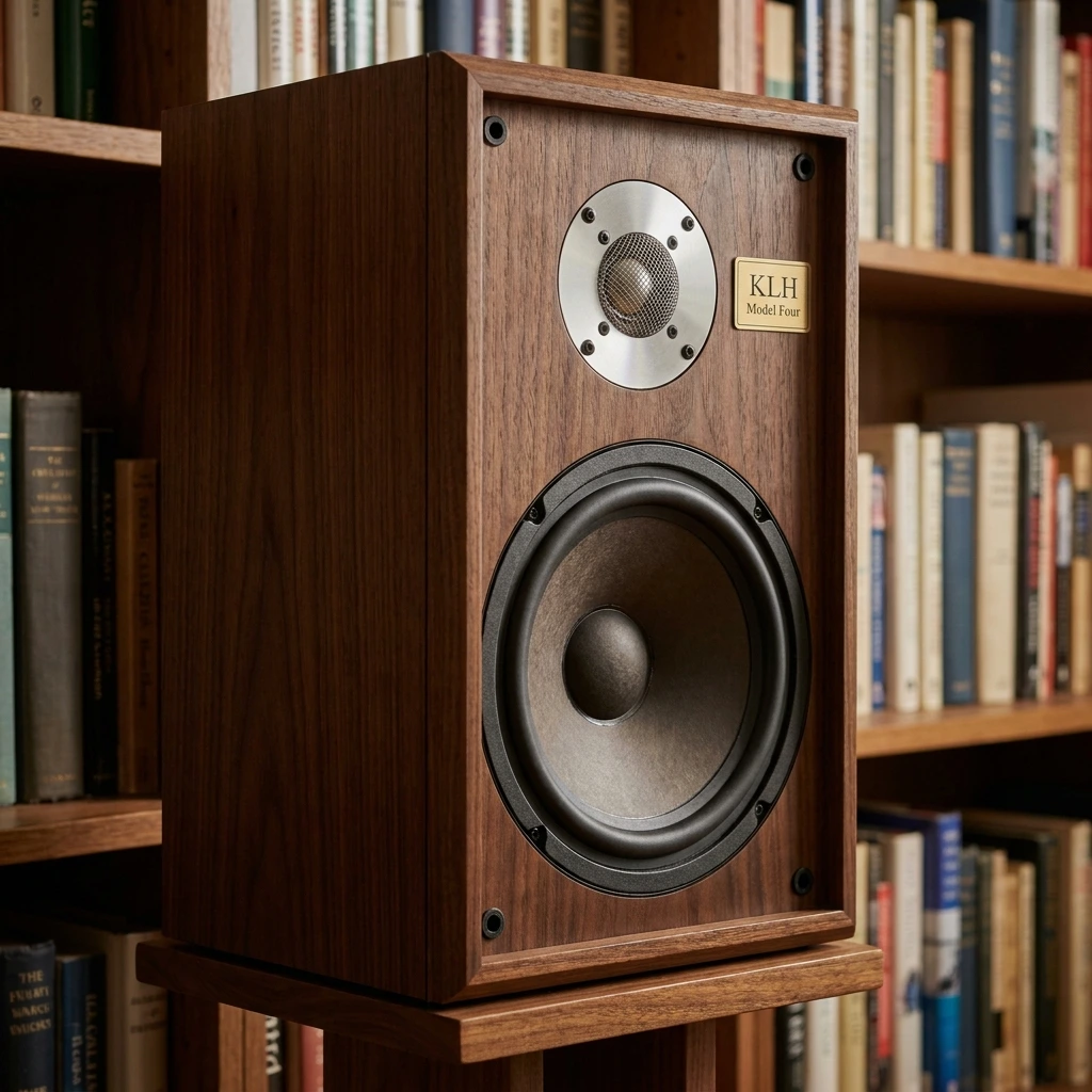 Close-up of the beautiful wooden cabinetry, 8-inch woofer, and aluminum tweeter on the KLH Model Four speakers.