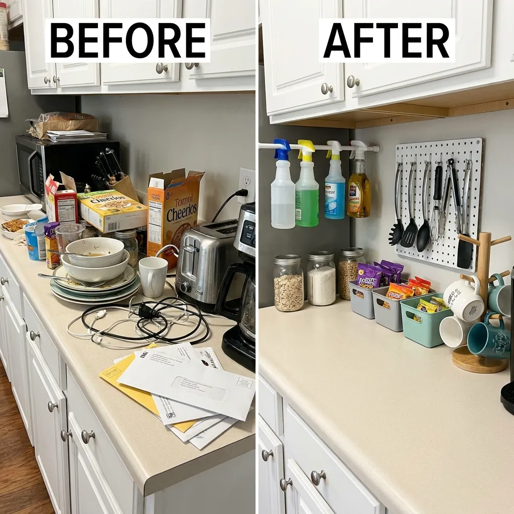 Before and after split screen showing a messy kitchen counter transformed using budget-friendly kitchen organization hacks