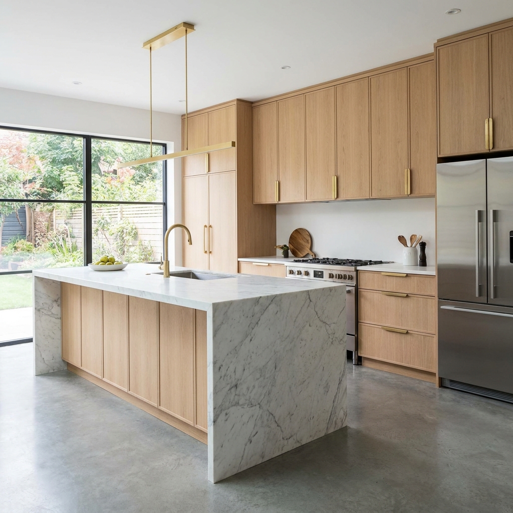 Sleek kitchen featuring natural, unpainted wood cabinets and modern brass hardware