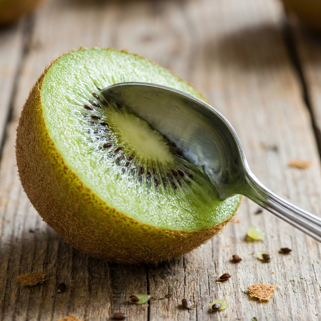 A close-up of a metal spoon scooping the bright green flesh out of a halved kiwi resting on a rustic wooden surface.