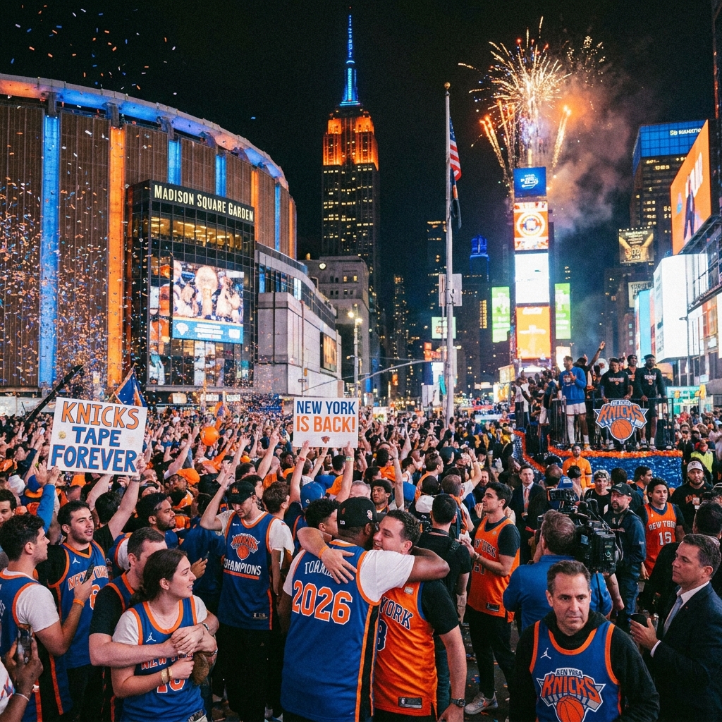 Ecstatic New York Knicks fans celebrating the NBA Championship in the streets with signs and jerseys.