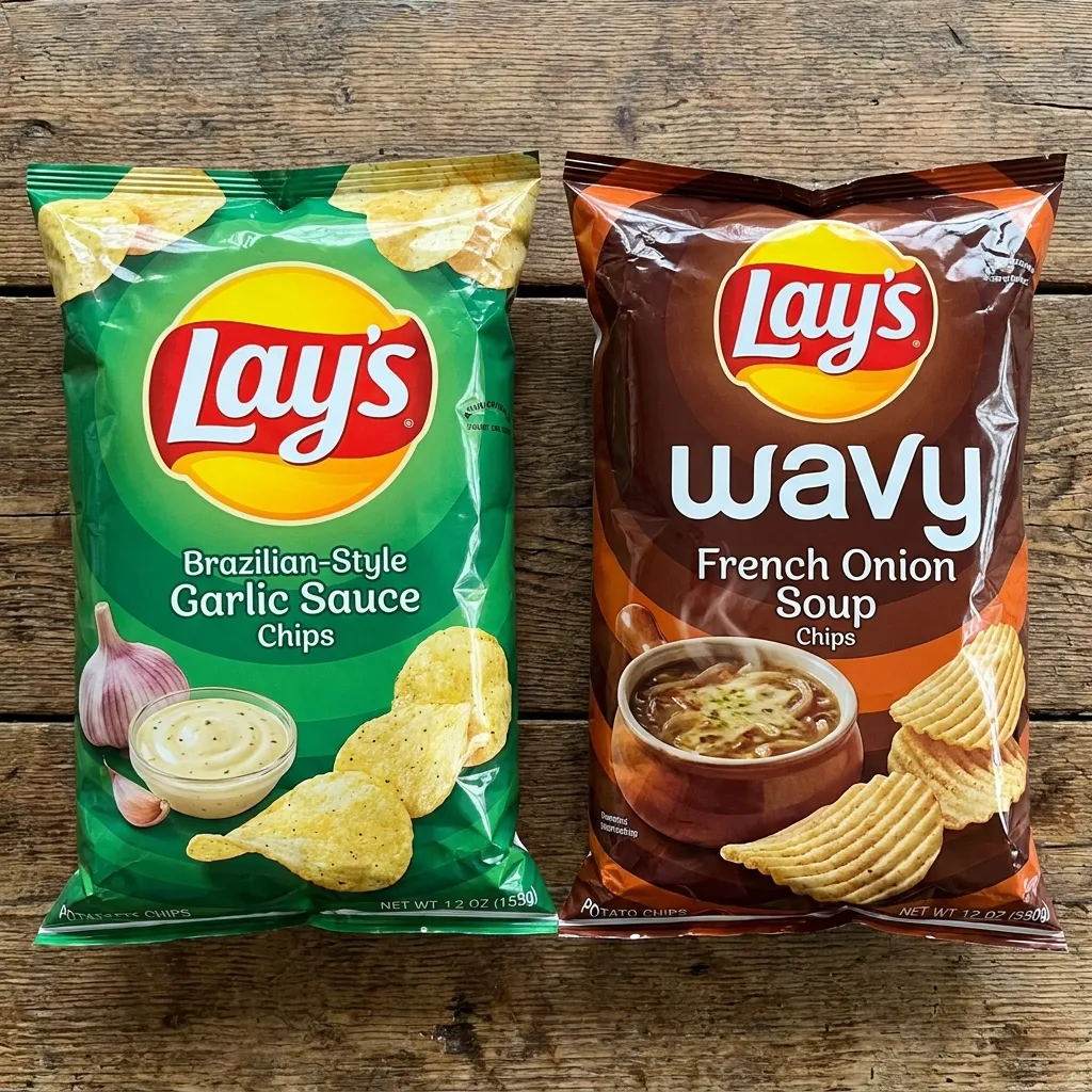 Two bags of Lay's potato chips side-by-side on a rustic wooden surface, featuring the green Brazilian-Style Garlic Sauce flavor on the left and the brown Wavy French Onion Soup flavor on the right.