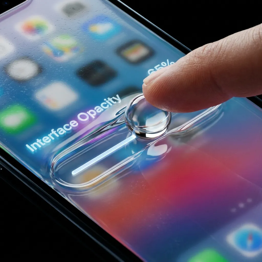 A macro close-up of a finger interacting with a smartphone screen, adjusting a translucent, 3D slider labeled "Interface Opacity." The slider knob resembles a raised, glossy bubble of water or liquid glass, hovering over a colorful, blurred background of app icons.