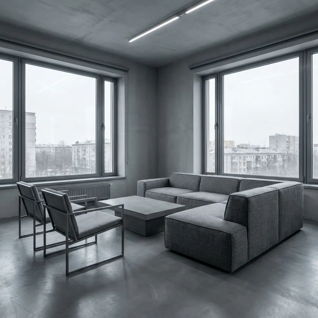 A stark, cold living room illustrating modern home design trends people hate, featuring harsh gray tones and uncomfortable minimalist furniture