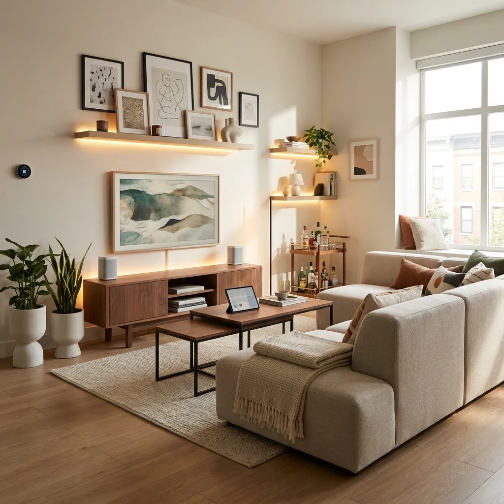 A bright, modern living room decorated in warm neutral tones. The space features a large beige sectional sofa, a wooden media console, floating wall shelves illuminated by warm LED backlighting, framed artwork, and a bar cart positioned next to a large window.
