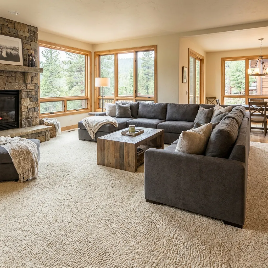 Spacious, cozy living room featuring plush wall-to-wall carpeting and a modern sectional sofa