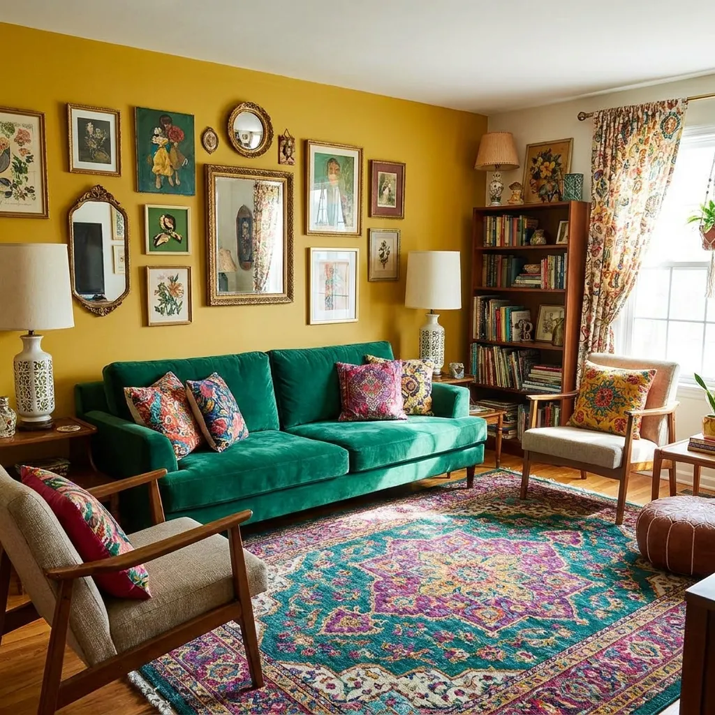 Brightly colored living room with a mustard yellow wall, emerald green velvet sofa, and eclectic vintage decor