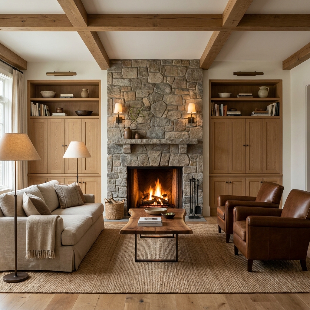 Rustic living room interior featuring a floor-to-ceiling stone fireplace, exposed wooden ceiling beams, two brown leather armchairs, and a beige sofa on a woven jute rug.