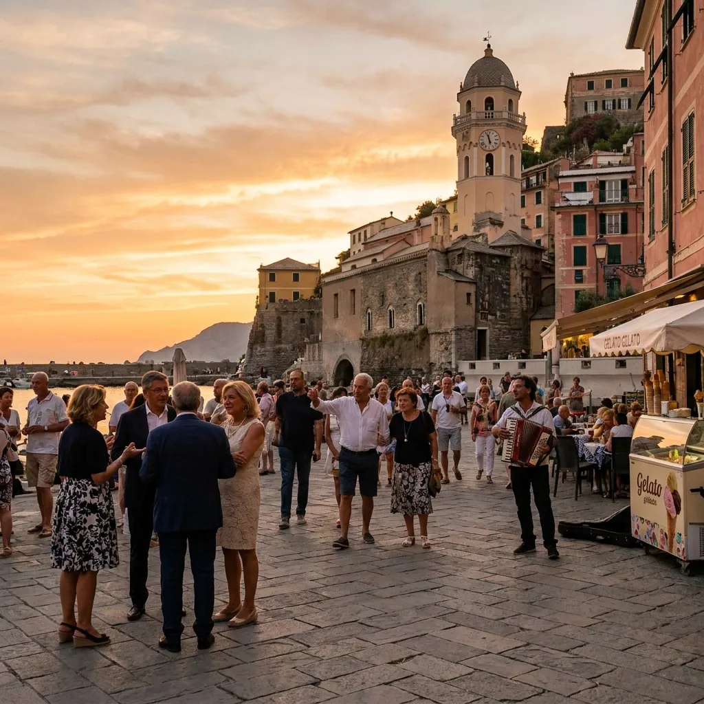 Locals and travelers enjoying the Italian passeggiata at sunset, showcasing vibrant cultural traditions