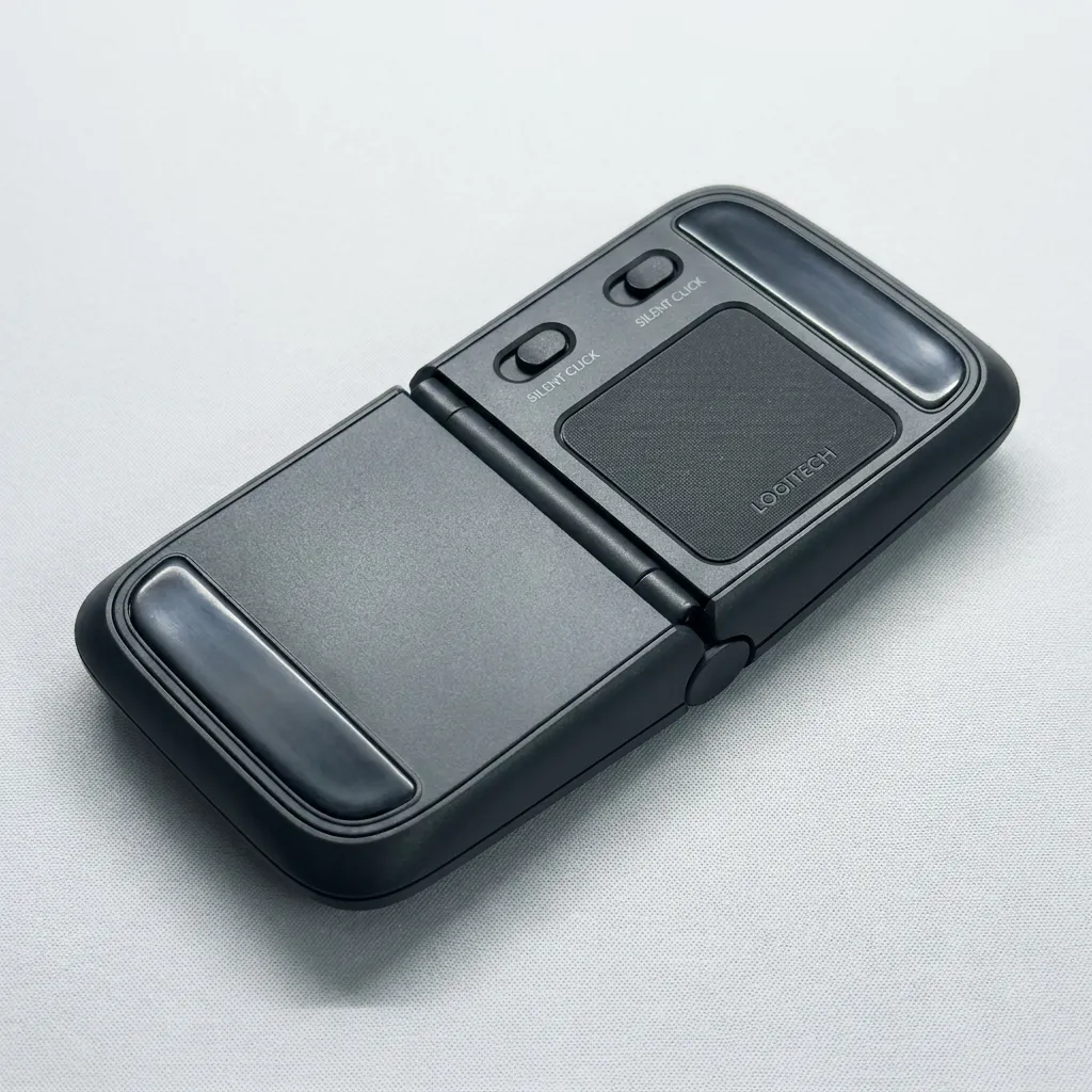 Flat black Logitech foldable travel mouse laid open on a white surface detailing silent click buttons and a textured touch pad.