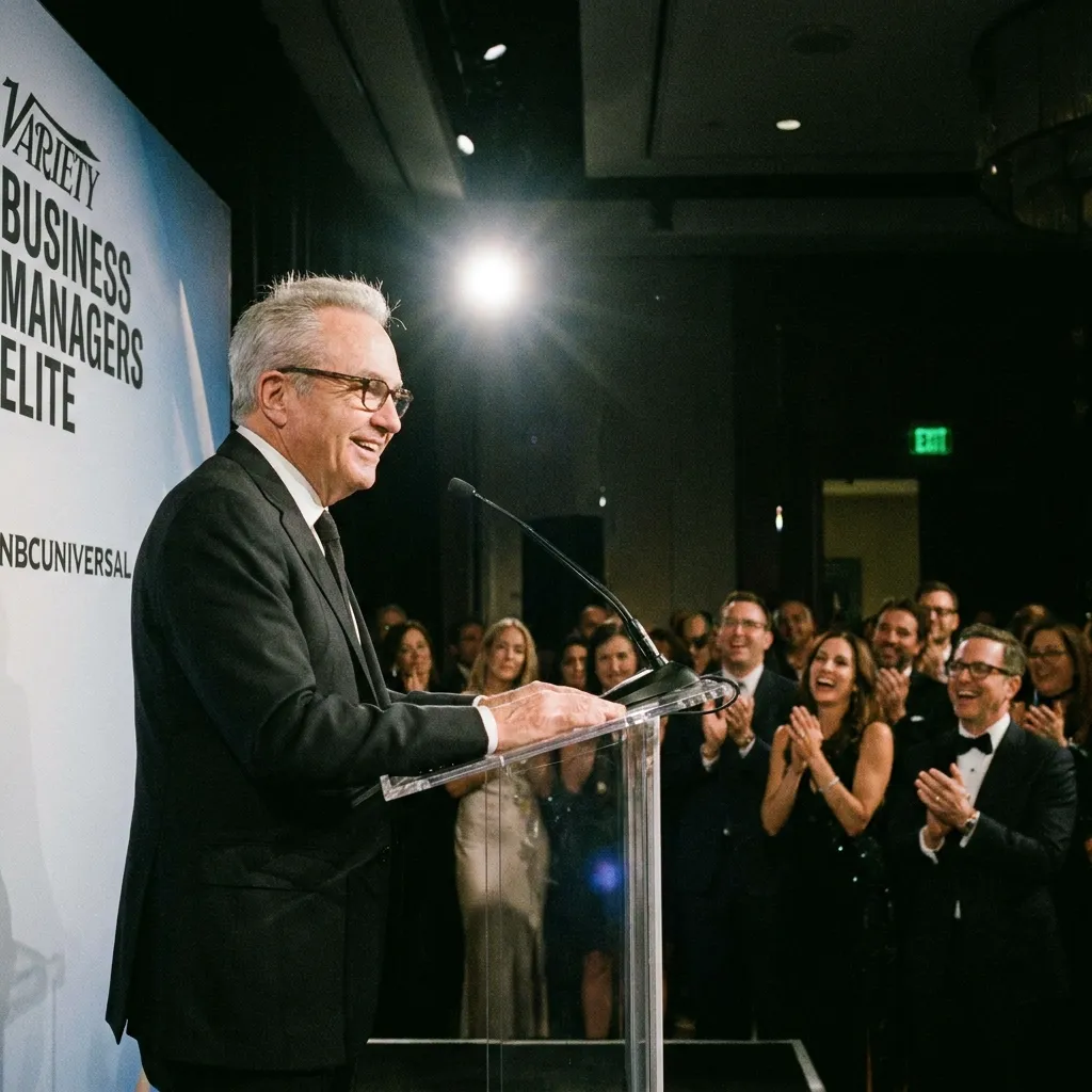 Lorne Michaels speaking at a podium at the Variety Business Managers Elite event sponsored by NBCUniversal, with an audience applauding in the background