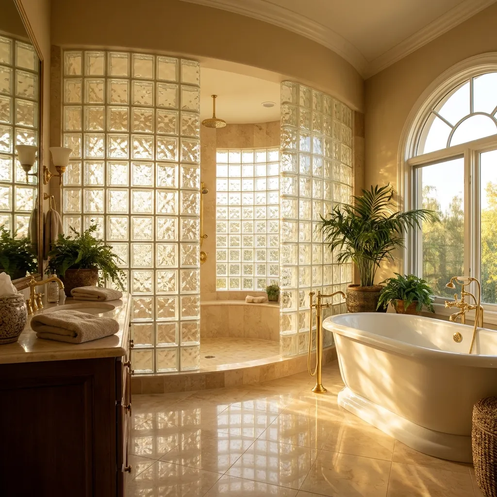 Luxurious bathroom featuring a curved glass block shower wall and natural sunlight