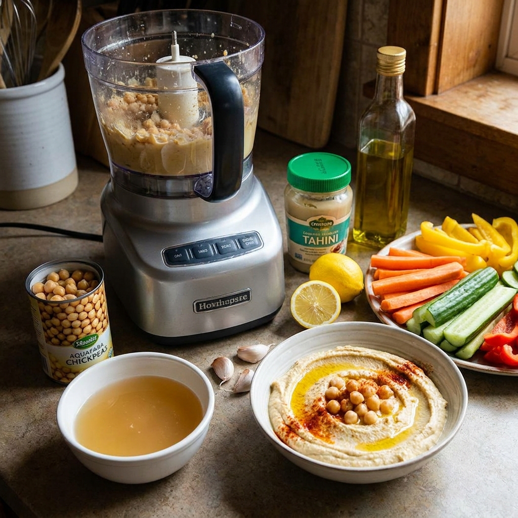 Homemade hummus recipe ingredients including chickpeas, tahini, lemon, and olive oil next to a food processor and fresh vegetable crudités for dipping.