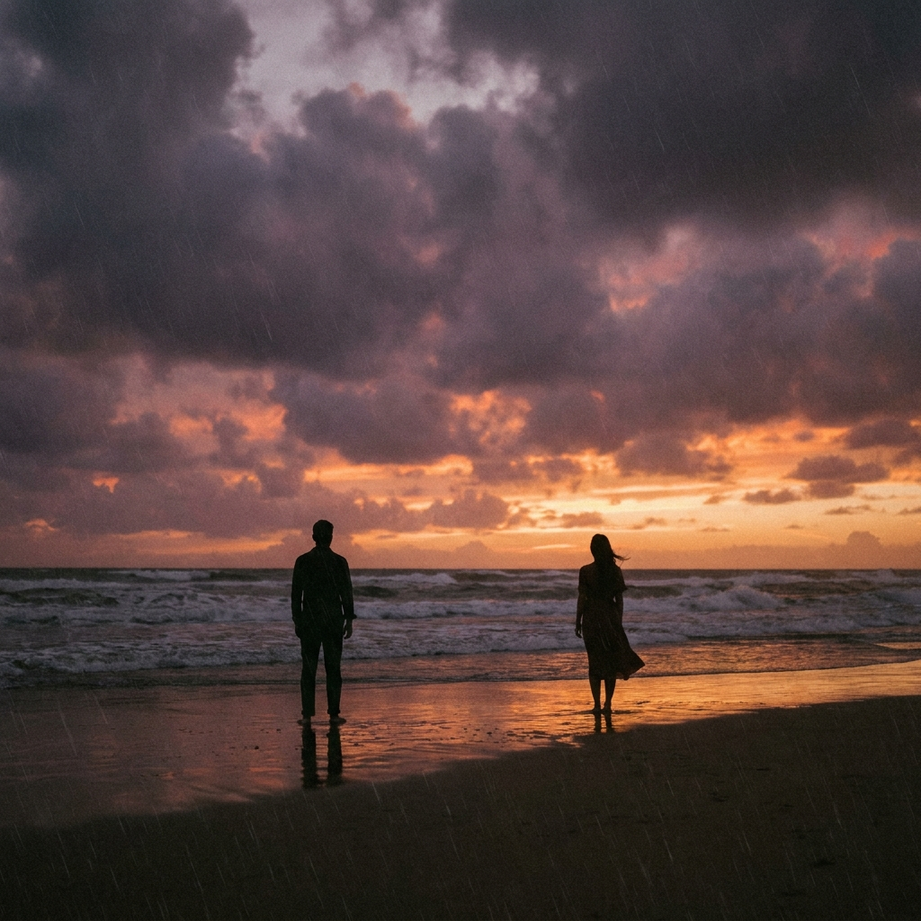 Distant couple on a beach representing infidelity and brutal breakup stories.