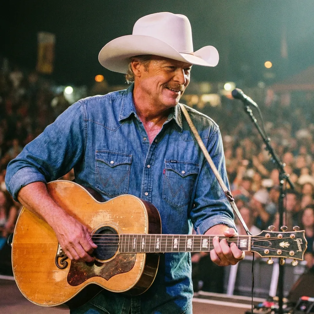Country music legend Alan Jackson playing an acoustic guitar and smiling on stage in a denim shirt and white cowboy hat during a live concert performance