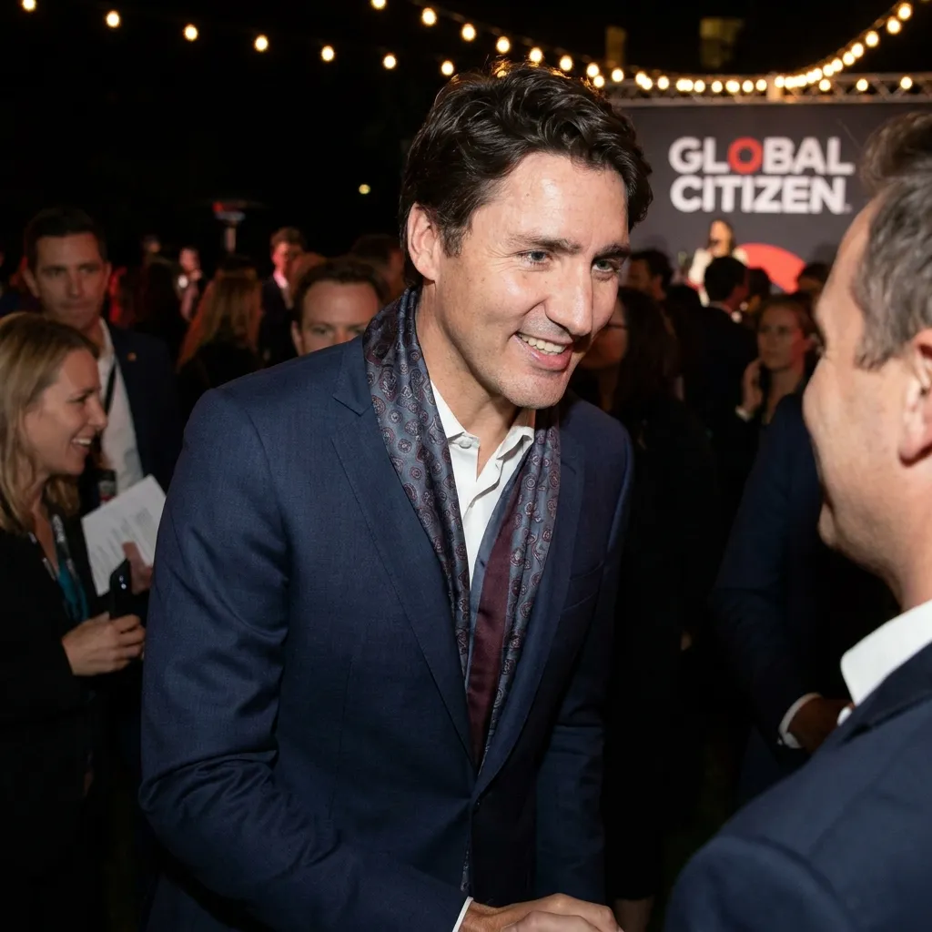 Justin Trudeau wearing a navy blue suit, white shirt, and a patterned silk scarf, smiling warmly while shaking hands with an unseen individual. He is outdoors at night, surrounded by a crowd, with a "GLOBAL CITIZEN" sign and string lights visible in the background.